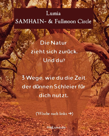 Lumia Vollmond Samhain Circle Event-Ankündigung mit KI-bearbeiteter, mystischer Grafik. Text auf dem Bild: SAMHAIN-ENERGIE & VOLLMONDIN.