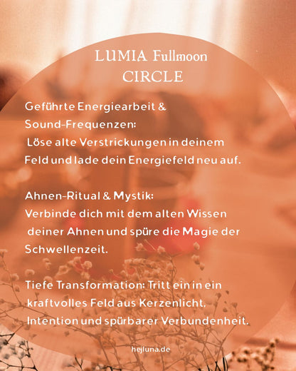 Übersicht der Praxis im Circle. Text: Geführte Energiearbeit, Sound-Frequenzen, Ahnen-Ritual und Transformation im Studio am 28.10. um 19 Uhr.