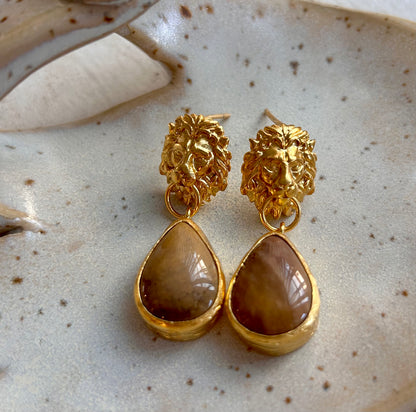 Boucles d'oreilles Lion | Calcédoine rouge | Calcédoine crème