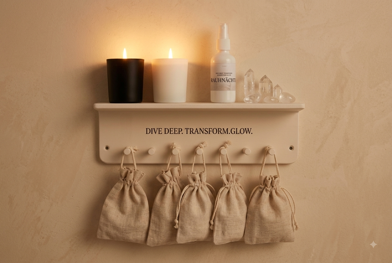 Symbolbild: KI-Visualisierung von handgefertigtem Kristallschmuck, Edelsteinen und Rauhnächte Journal aus dem HejLuna Adventskalender 2026 zur Anwendungsveranschaulichung